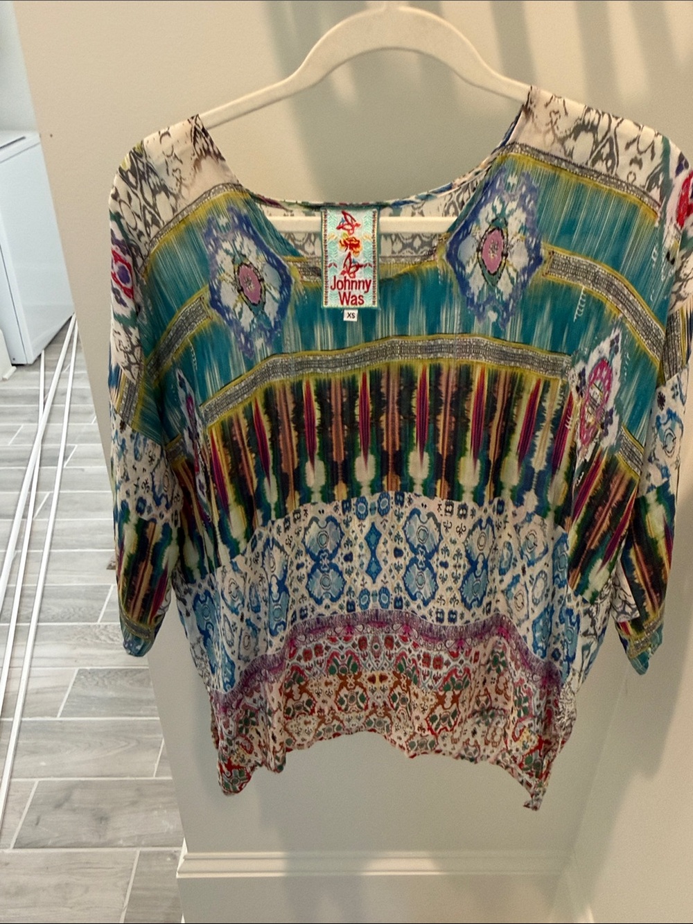 Johnny Was Multicolored Boho Scoop Neck Top - Teal, Pink, Yellow